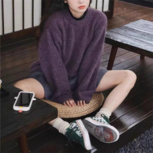 慵懒风软糯紫色毛衣女秋冬季新款日系复古宽松圆领套头针织衫上衣