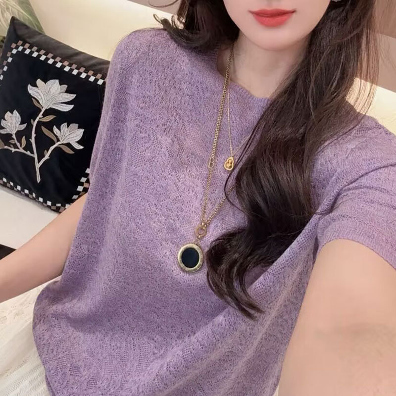 2026 Spring New Style Mid-Sleeve Round-Neck Knitwear for Women, Five-Quarter Sleeve Hollow Jacquard Blouse, Lightweight Half-Sleeve Top