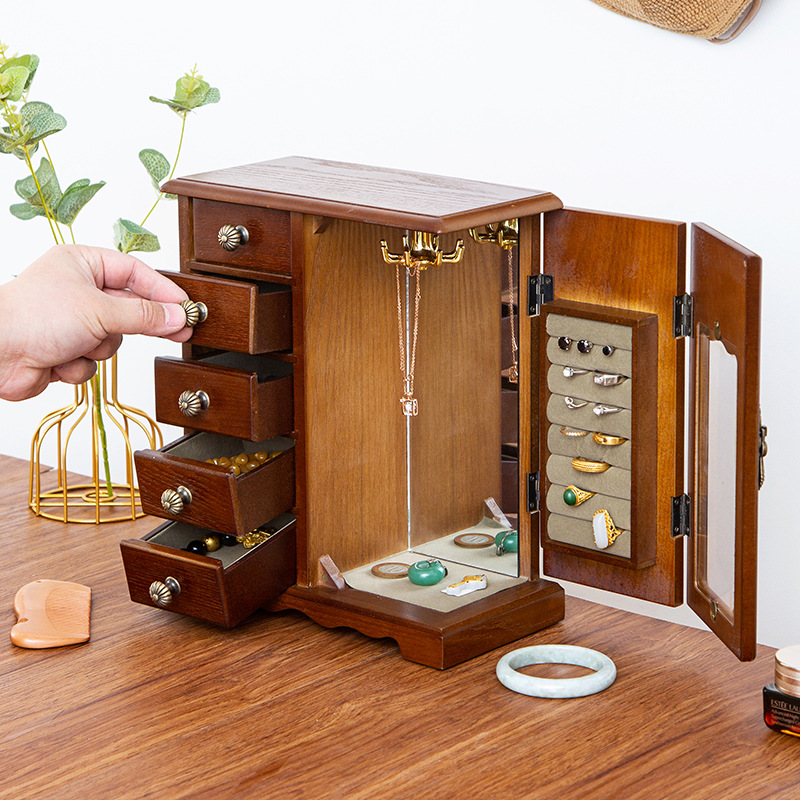 Solid Wood Jewelry Storage Box Drawer Korean Style Earrings Jade Hand Jewelry Box Jewelry Box Creative Storage Storage Wholesale