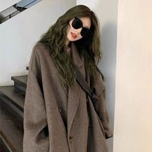 摩卡毛呢大衣女秋冬显瘦遮肉慵懒风感宽松过膝中长款呢子外套