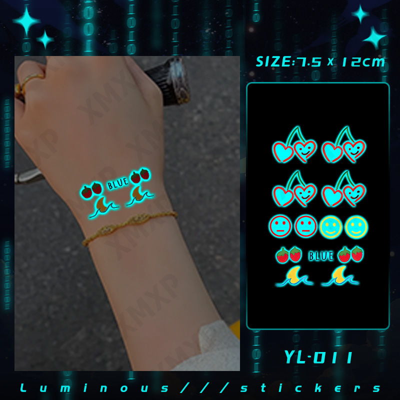 Xm&Xp Blue Luminous Tattoo Sticker Waterproof Small Fresh Cute Sweet Cherry Smiley Expression Moon Strawberry