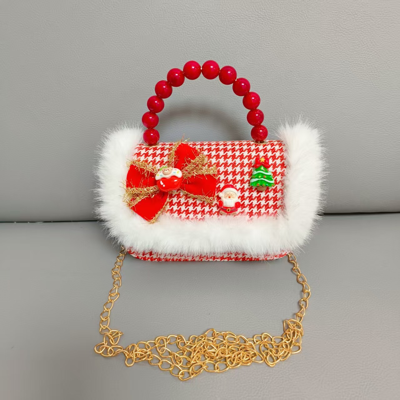 Gran bolso de perla de arco rojo, Santa Claus, bolso de Año Nuevo, cartera de Año Nuevo, hombro, pequeño viento fragante