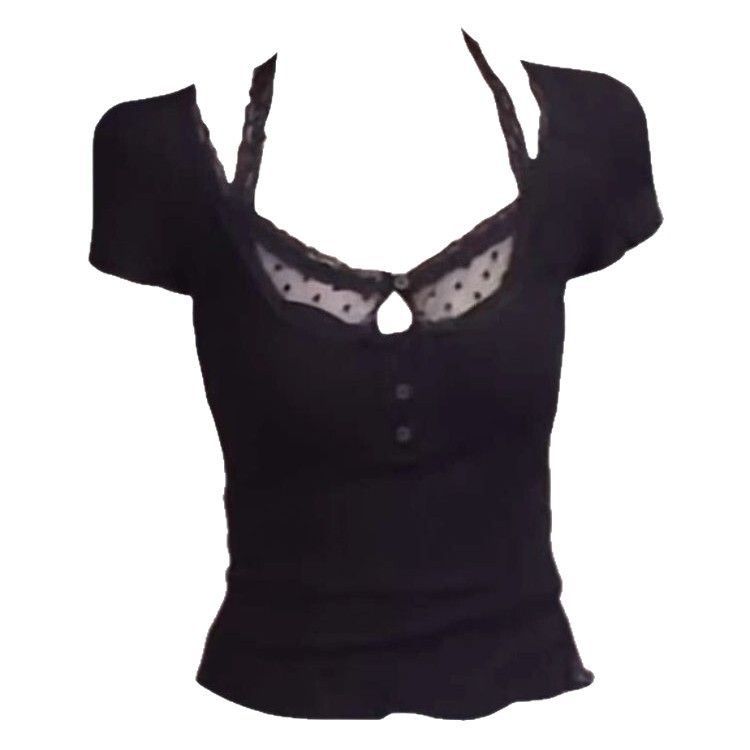 Plus Size Fat Girl Ace of Spades Spring and Summer Sexy Pure Lust Design Slim Fit Splicing Lace T-Shirt Women's Tops Trendy