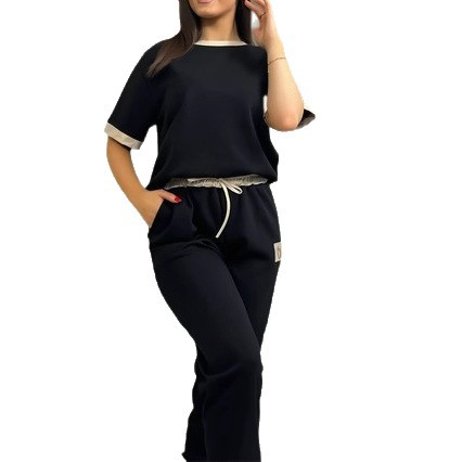 Lässiges, bequemes Damen-T-Shirt und hochgeschnittene, gerade geschnittene Hose, zweiteiliges Set, entspanntes Loungewear-Outfit_voghion.com