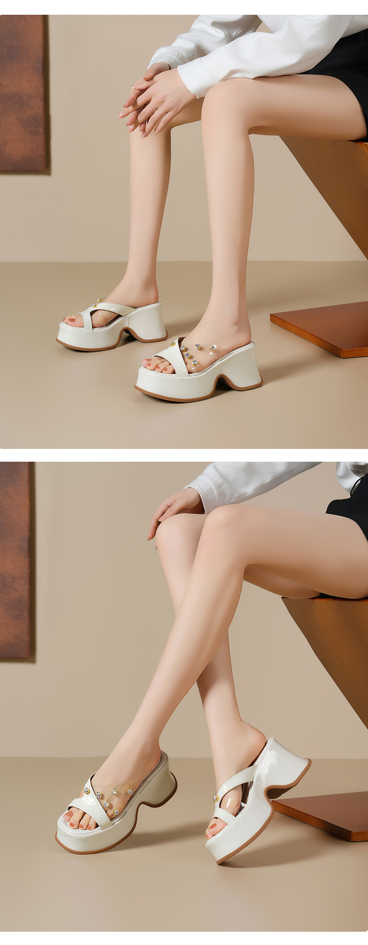 Sandal cao gót nữ đính đá trong suốt quai ngang gót 9cm đế xuồng — Màu đen, Màu trắng be, Màu mơ chi tiết 8