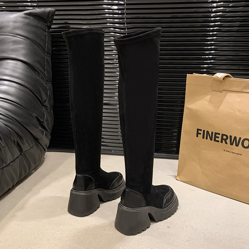 Small, thick soled, high-heeled, elastic, slim sock 2024 autumn and winter, retro Maillard knee high boots for women_voghion.com