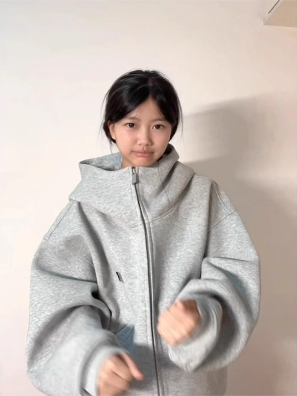 美式高街潮牌灰色高领连帽卫衣女春秋宽松高级感休闲情侣百搭外套|undefined