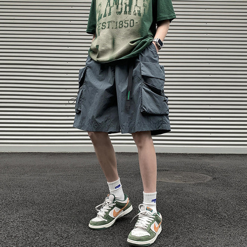 Workwear shorts for men, summer large size, American street fashion, trendy functional thin, quick-drying wide-leg casual five-peg pants