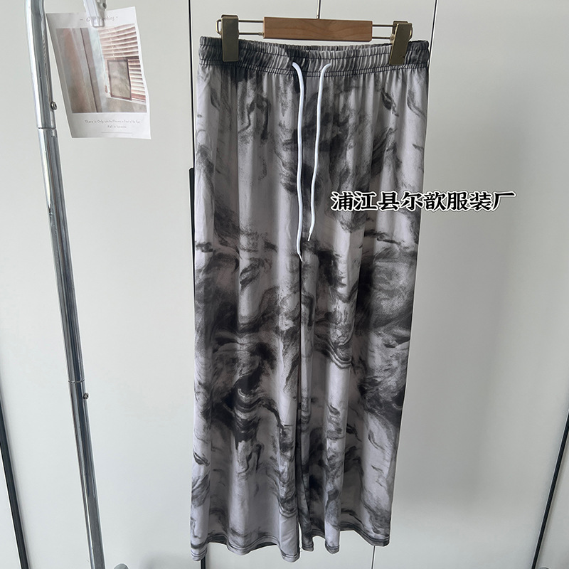 Nueva pintura de tinta china, pantalones anchos de seda de hielo y nieve, pantalones de pierna ancha delgados de verano para niños, cintura alta, pantalones de pierna recta casuales delgados