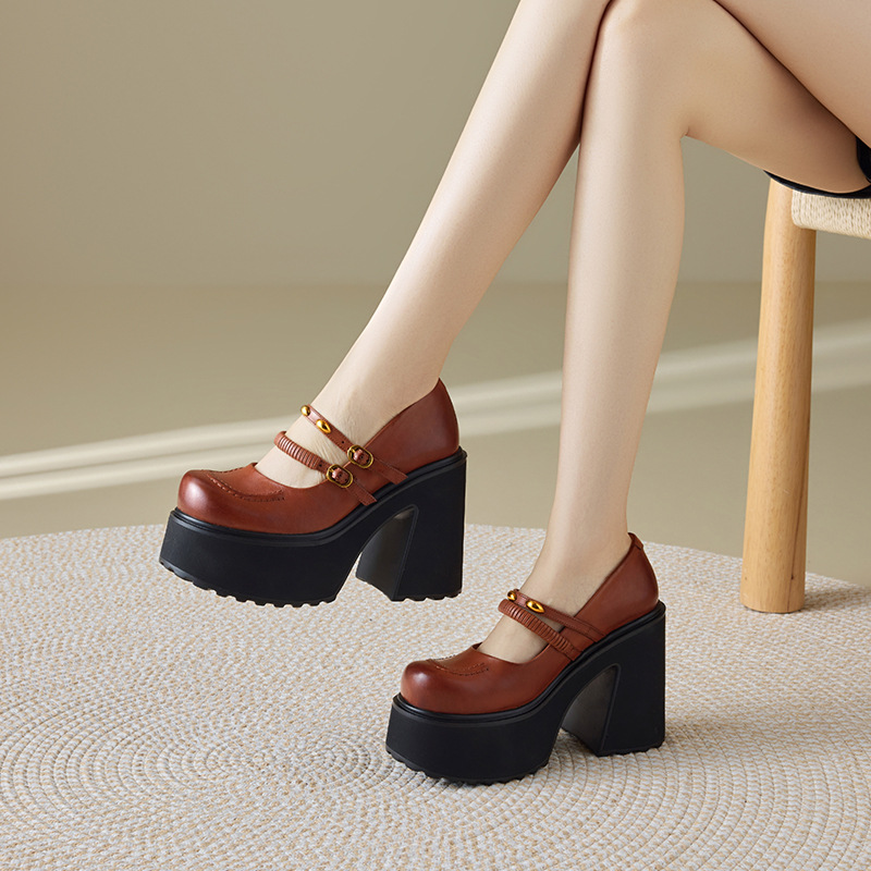 Giày Mary Jane nữ đế dày 12 cm phong cách cổ điển học sinh — màu nâu