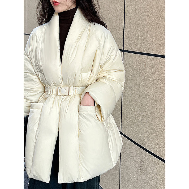 Ns V Neck Design Waist-Cinching National Style down Jacket for Women Lazy 90 White Duck down Lace-Up New Chinoiserie Jacket Y68