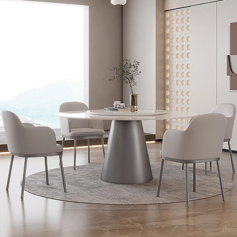 Luz de lujo italiano minimalista brillante roca placa redonda mesa con tocadiscos moderno minimalista hogar de alta gama de acero inoxidable mesa de comedor redonda