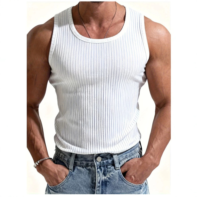 European and American Popular Cross-Border Trade Black and White Hollow-Out Striped Loose Round-Neck Men's Vest Knit Shirt Summer T-Shirt European and American Popular Cross-Border Trade Black and White Hollow-Out Striped Loose Round-Neck Men's Vest Knit Shirt Summer T-Shirt