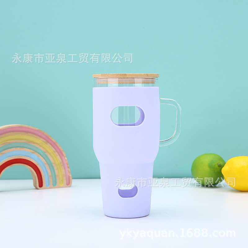 32oz vasos de vidrio transfronterizos con mango de gran capacidad portátil al aire libre cubierta de bambú cubierta de hielo con cubierta de automóvil al por mayor
