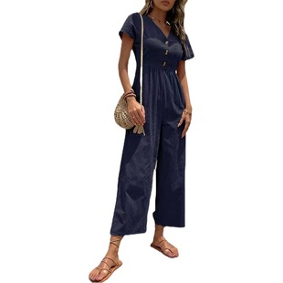 Amazon Cross-border Trade 2023 New European and American Leisure Commuter Cropped Pants Summer Wide-leg Jumpsuit for Women