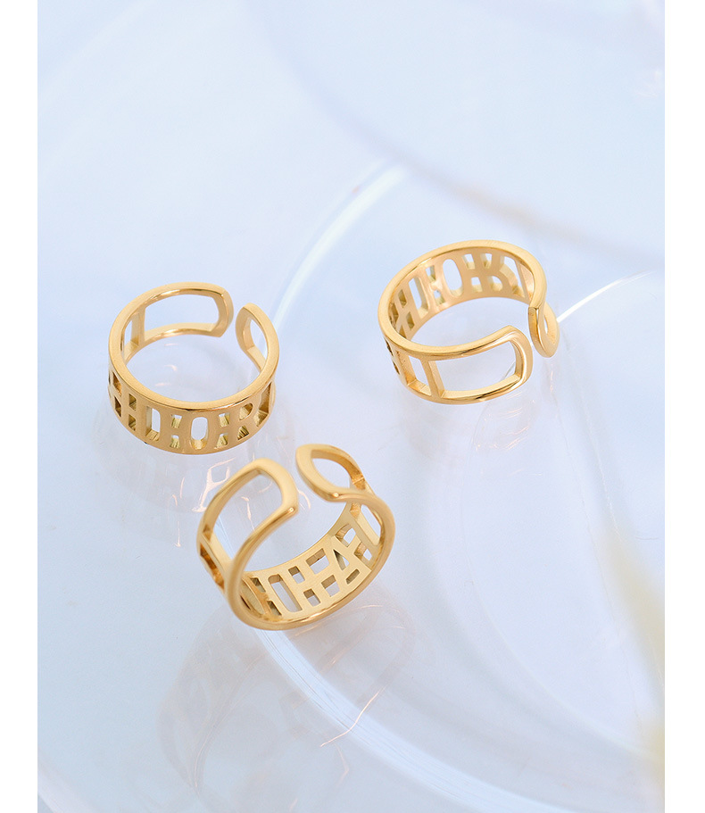 2021 New Open Non-adjustable Letter Hollow Ring Titanium Steel Plated 18k Real Gold Tail Ring display picture 5