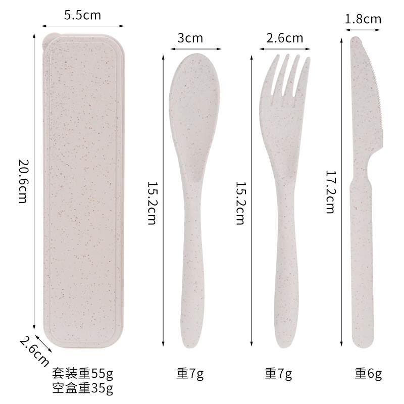 Set de 3 cubiertos de paja de trigo, portátil, para oficina y viajes