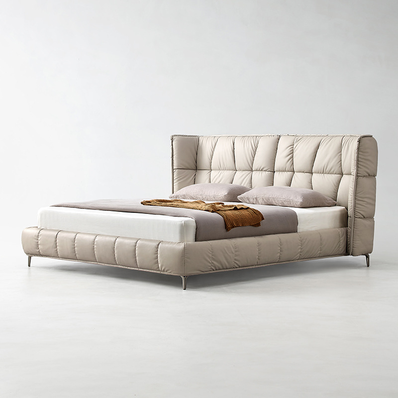 Minimalist Muscle Genuine Leather Bed with Simple Design, Popular Size for Small Apartments, Master Bedroom in Cream Style, Snow Nil Velvet Fabric Bed