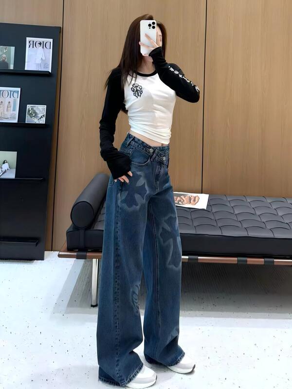 潮流时尚重工牛仔裤女绝美超好搭阔腿长裤南油秋季遮肉显瘦直筒裤|undefined
