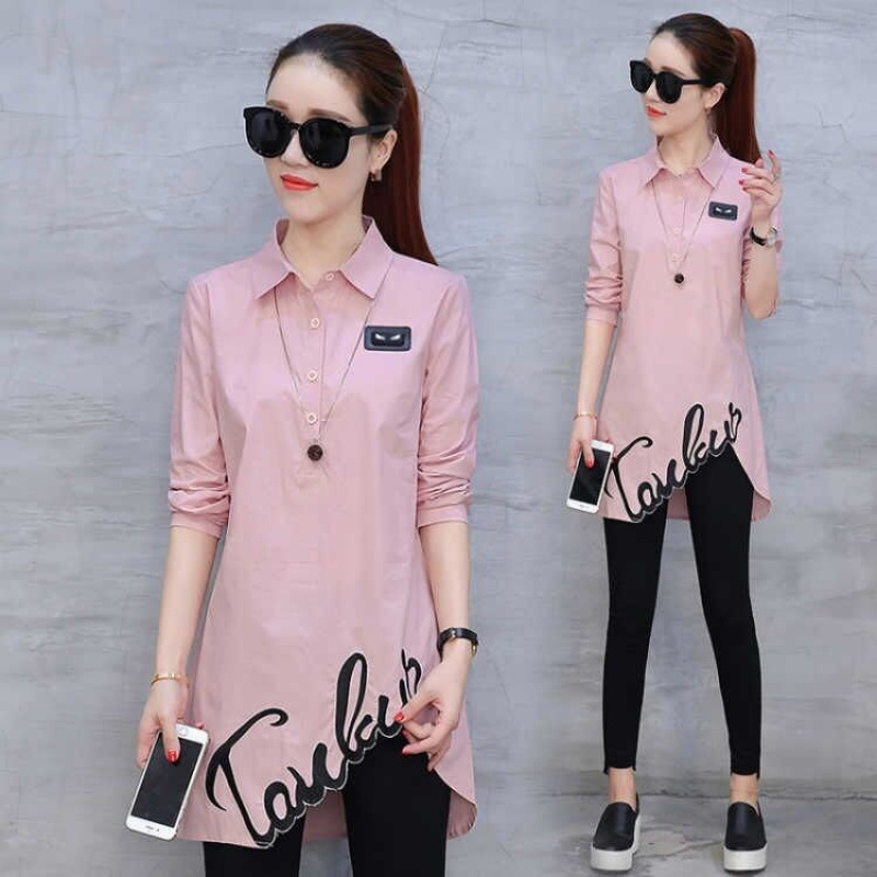 衬衫女刺绣2025韩版修身显瘦春秋装中长款不对称时尚大码长袖衬衣