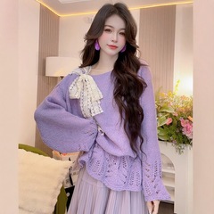 韩系甜美蕾丝蝴蝶结系带套头毛衣女早秋新款松弛感显瘦针织衫上衣