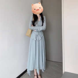 原版面料早秋装法式温柔风长袖连衣裙女秋夏季高级感长裙两件套装