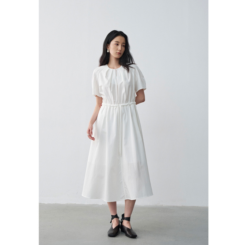 [Special Offer, No Refunds or Exchanges] Original Price 186 Yuan, Round Neck Pleated Elegant Waist-Cinching Drawstring Dress Summer 258320