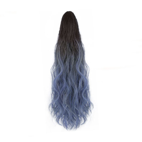 Women's wig ponytail ombre smog blue colorful fluffy long curly hair big waves high ponytail small claw clip braid