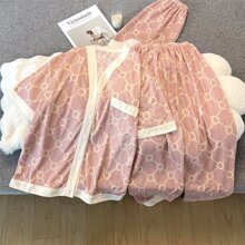 睡衣女夏季新款和服领可爱粉圆圈三件套短袖短裤+长裤宽松家居服