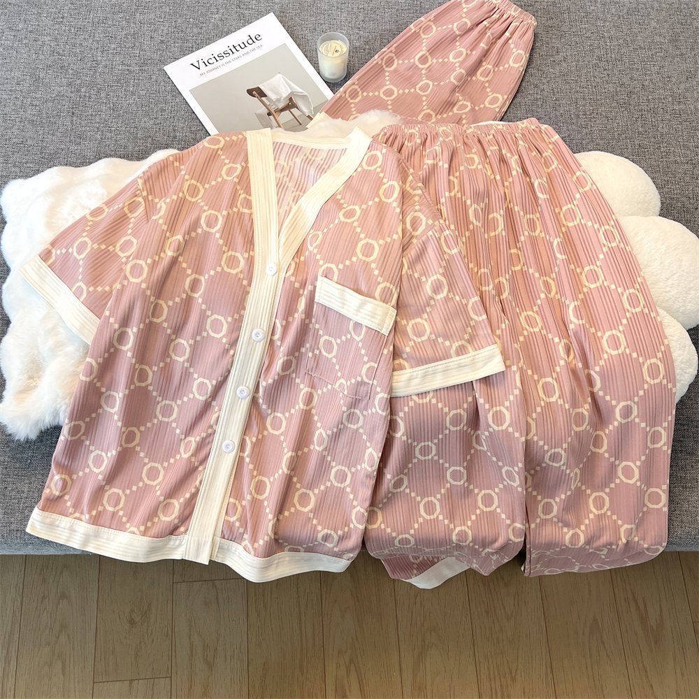 睡衣女夏季新款和服领可爱粉圆圈三件套短袖短裤+长裤宽松家居服