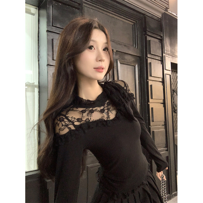 2025秋冬新款修身显瘦设计感上衣女甜辣纯欲风蕾丝拼接个性长袖潮|undefined