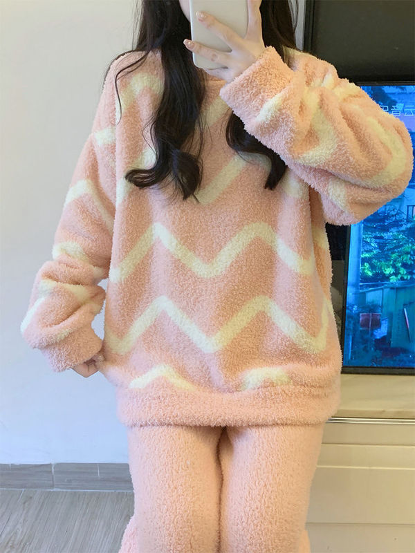 套头睡衣女秋冬季半边绒加厚款新款可爱学生法兰绒家居服套装外穿|undefined