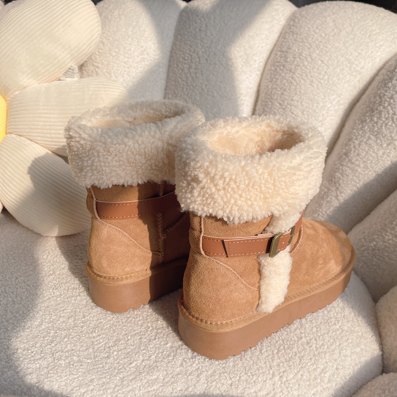 Winter New Thick Soled Height Increasing Knight Boots With Belt Buckle, Rolled Wool And Fur Integrated Snow Boots With Plush And Thickened Midsole_voghion.com