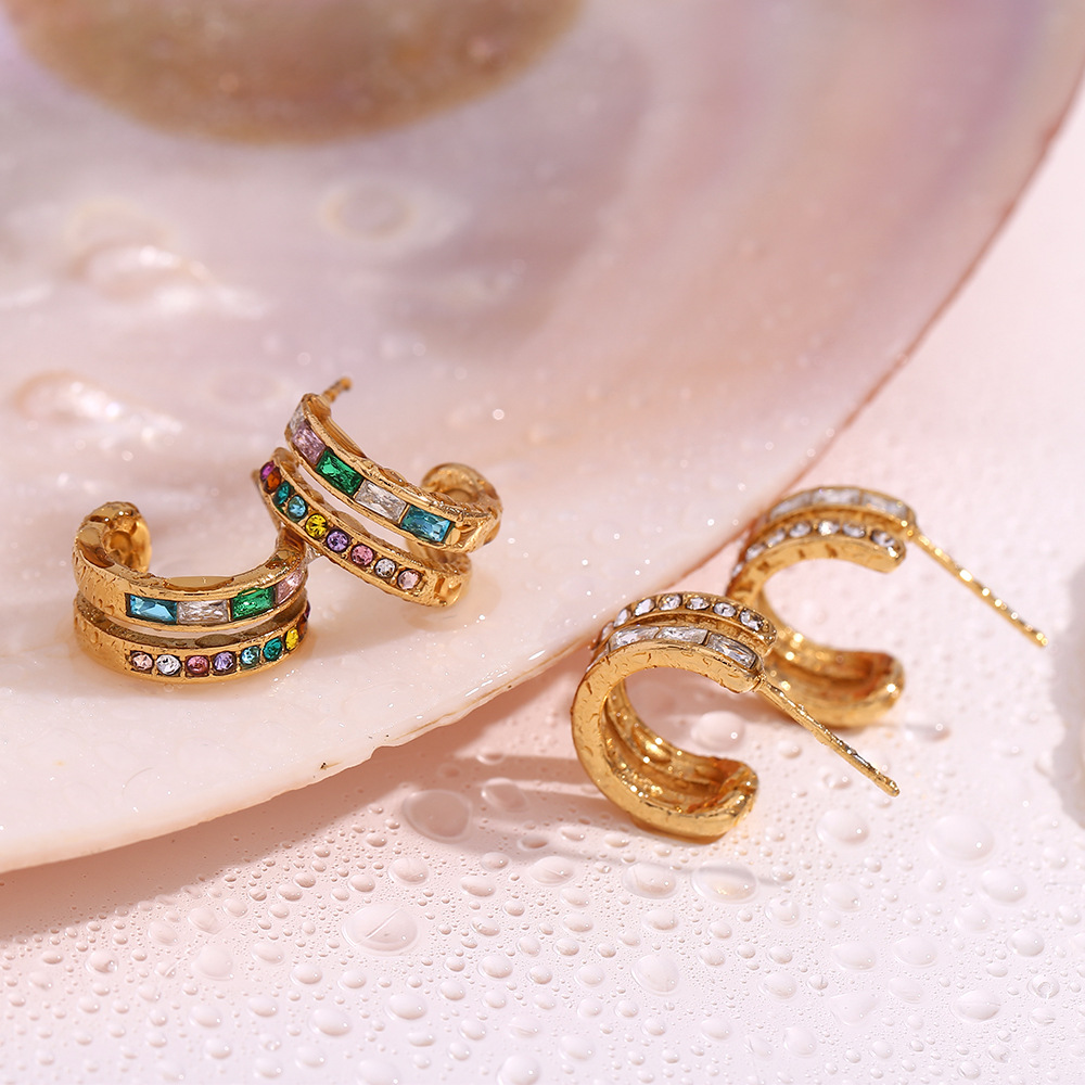 Double C-shaped Zircon Inlaid Stainless Steel Earrings