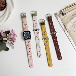 2025 Is Suitable for Apple Watch Apple Watch Strap Ins Style Bow Cherry Linen Embroidered Leather Strap