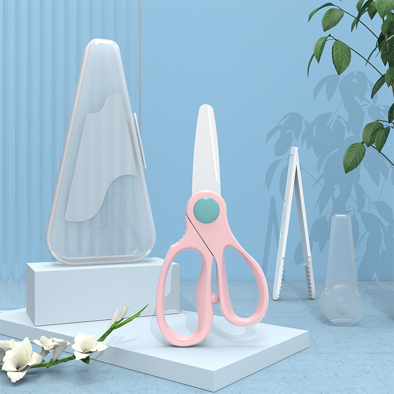 Bebé tijeras de cerámica portátil bebé suplemento de alimentos tijeras extraíbles Limpieza de alimentos tijeras con caja de suplemento de alimentos clip