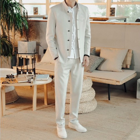 春秋季中国风男装套装汉服复古风潮牌刺绣修身中山装青年唐装外套