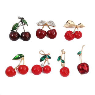 Red Cherry Brooch Women's Korean-style Cute Alloy Diamond-encrusted Fruit Pin ins Style High-end Clothing Accessories