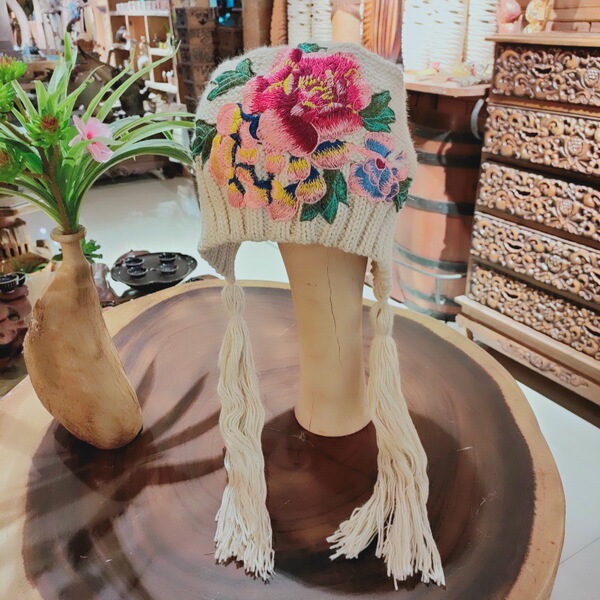 Demi-season woolen ethnic keep warm knitted hat with pigtail with…