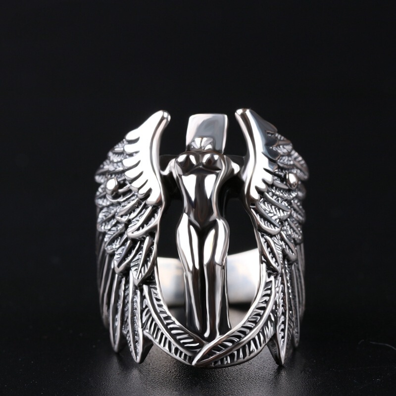 Seven still European and American men's domineering ring retro Thai silver guardian angel personality cross wings ring jewelry Seven still European and American men's domineering ring retro Thai silver guardian angel personality cross wings ring jewelry