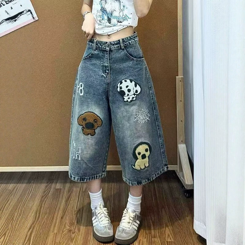Puppy Embroidery Cropped Pants for Women, Summer Thin Low-Waist Loose Denim Shorts, Slim-Fit Wide-Leg Cropped Jeans