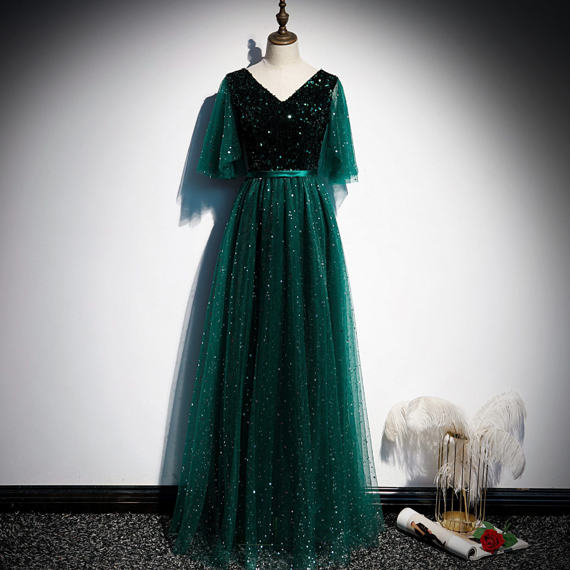 Coro traje femenino adulto coro competencia ropa verde oscuro anfitrión elegante vestido