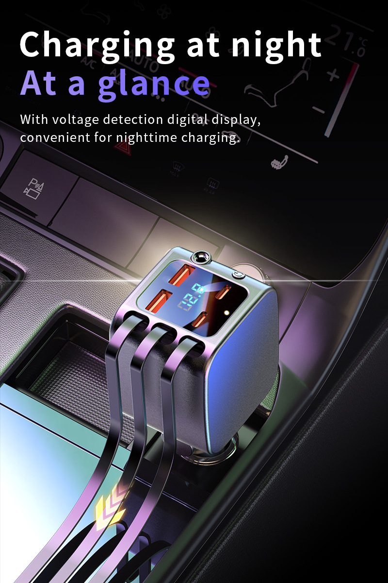 Cross-Border Super Fast Charging Starry Sky Light Car Charger with Retractable Cable Super Fast Car Charger Oem
