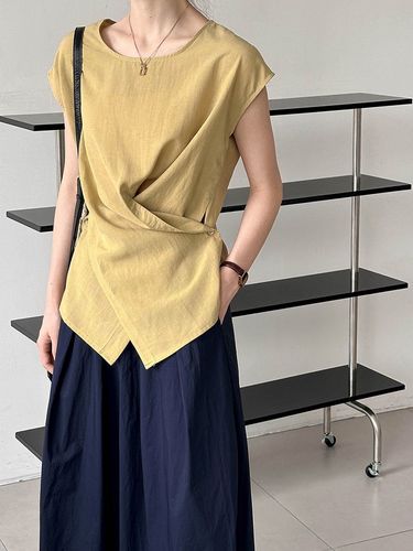 Women's Unlined Linen-Cotton Blouse with Dark Blue Color, Small Sleeveless Fly Collar, Asymmetrical Cross-Button Backless Top, Vintage Money-Clip Style