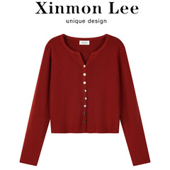 XinmonLee韩系感甜美气质红色V领针织开衫秋冬休闲显瘦外套