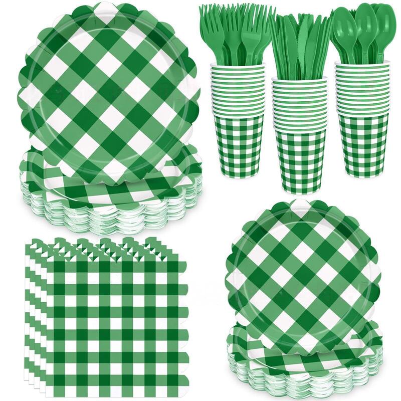 Cross-border green and white checkered disposable paper plate, paper cup, and napkin set for St. Patrick's Day birthday party decoration Cross-border green and white checkered disposable paper plate, paper cup, and napkin set for St. Patrick's Day birthday party decoration
