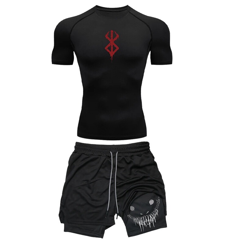 Sacrifice Anime Compression Sport Suit Men Fitness Set Quick Dry Comic Compression Shirt + Sports Shorts 2Pcs
