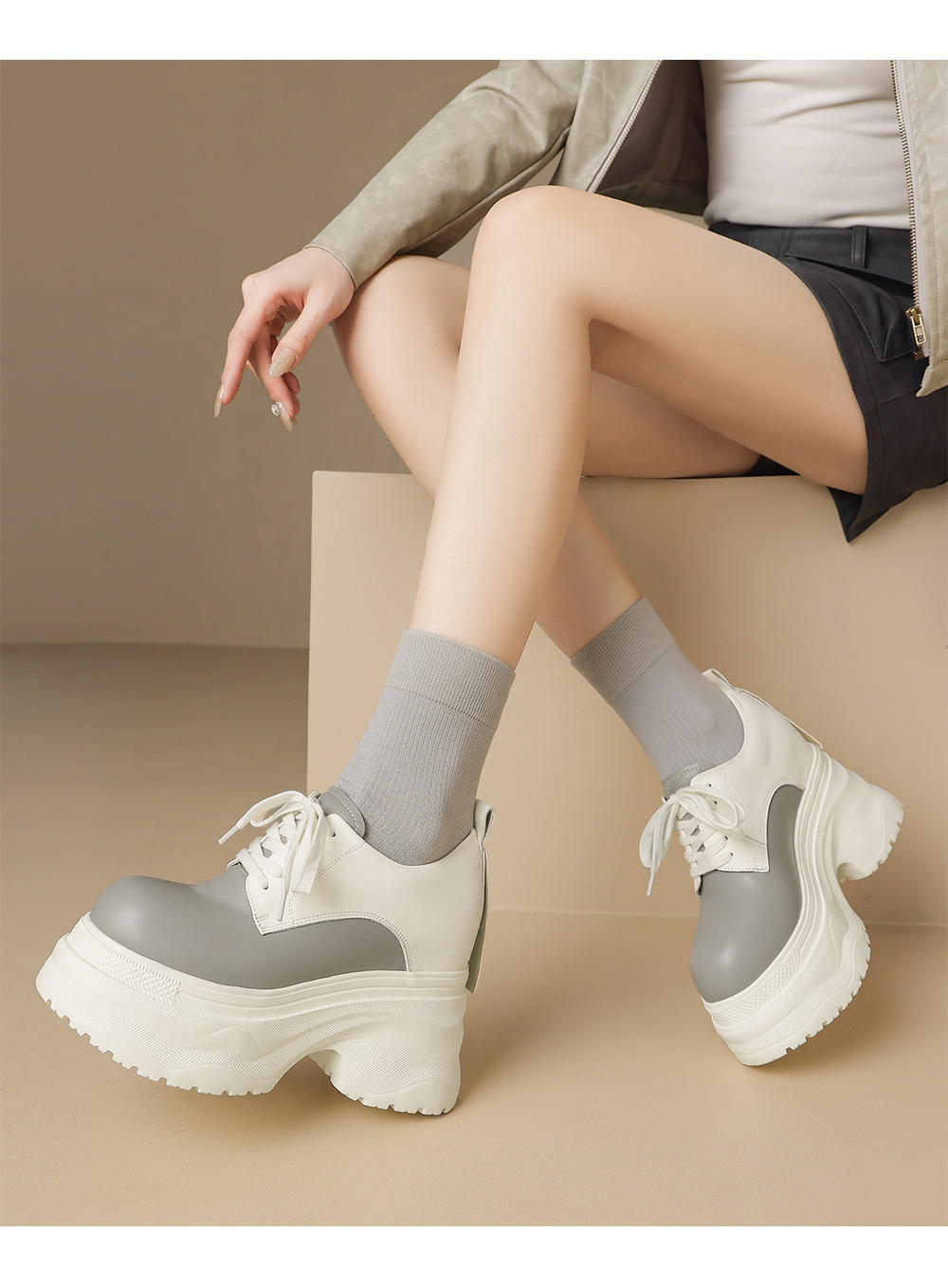 Giày sneaker nữ chunky đế dày phối màu mùa thu 2025, da bò thật, tăng chiều cao 12cm, buộc dây — Màu đen, Màu xám trắng, Màu trắng chi tiết 7