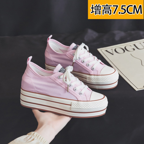 2025 Fashion Inner Heel Lift 7.5CM Slimming Elegant Casual White Canvas Shoes for Women College Style Ins Trend