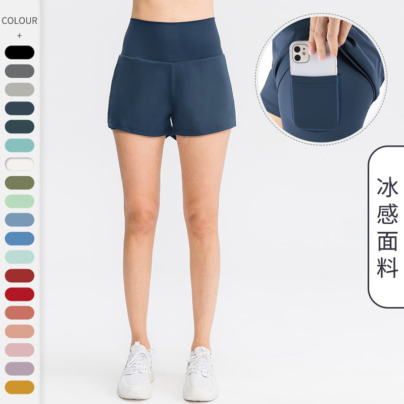 Spring and Summer Flap Pocket Pants Yoga Sports Shorts for Women, Nylon Ice-Feel Quick-Drying Fitness Running Loose Tennis Shorts 02414